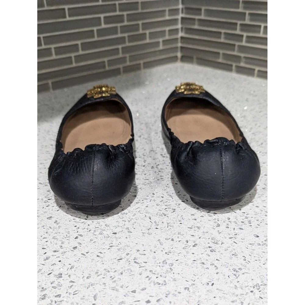 Tory Burch Melinda Ballet Flat Dark Navy Blue Gold Medallion Ladies Women 7.5